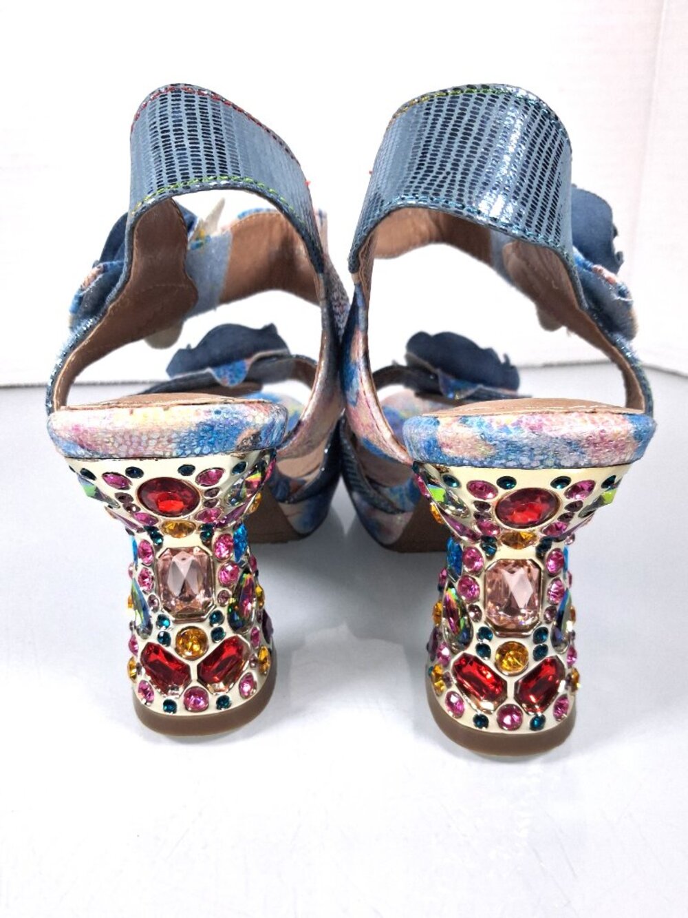 L'ARTISTE Smashing Blue Floral Sandal Multicolor Jeweled Block Heel US 8.5 Eu 39 - Picture 5 of 9
